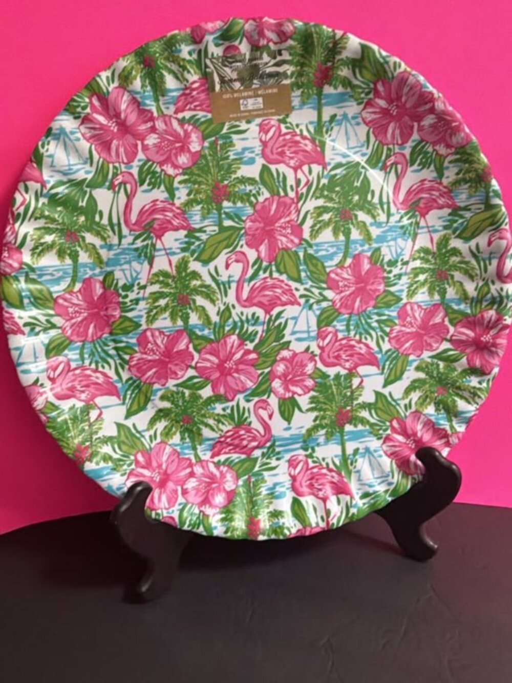 Tommy Bahama Flamingo Tropical Floral Round Scalloped edge Serving Platter Tray